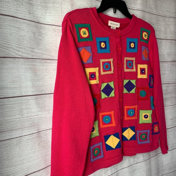 Bechamel Pink Knit Cardigan Sweater Colorful Geometric Squares Button Up Medium - Picture 15 of 16